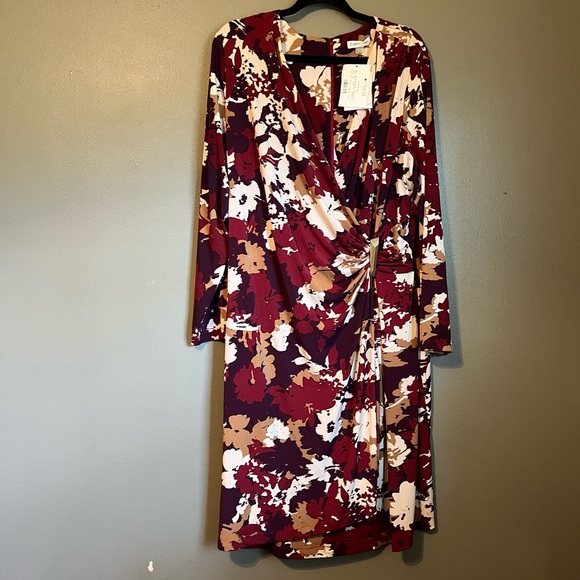 NWOT Calvin Kleins Sz 22 Women’s Floral Gold Stone Faux-Wrap Midi Dress Ret $139 - Picture 5 of 15